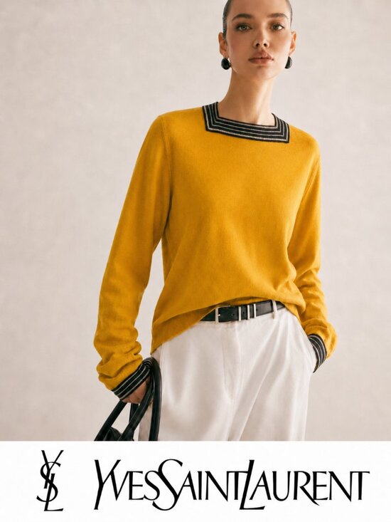 Yves Saint Laurent Sweaters - Vintage Yves Saint Laurent Mustard Yellow Sweater Square Neck Knit Top Black Tri